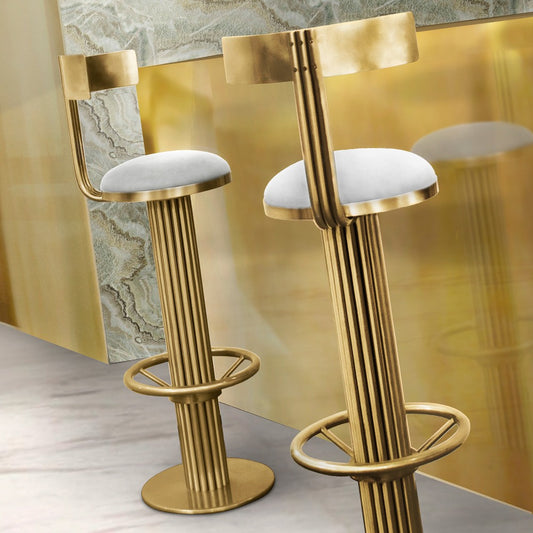 Luxury Mid-Century Gold Modern Bar Stool with White Leather Upholstery