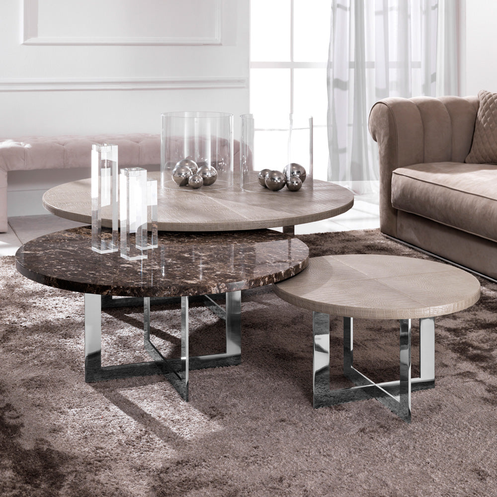 Luxury Round Nesting Coffee Tables Set - Marble Tops, Chrome Base, Modern Design