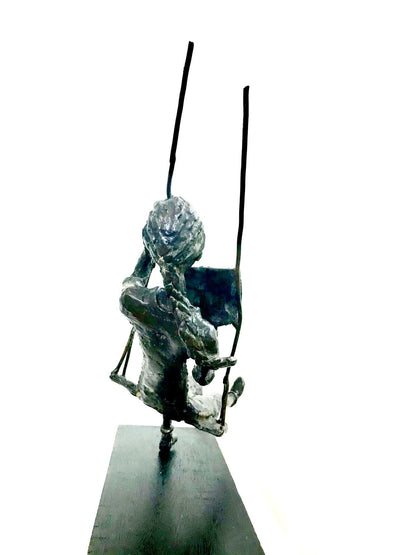 Serene Art Deco Bronze Sculpture: Girl Reading on a Swing by Usha Ramachandran