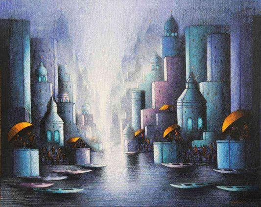 Mesmerizing 'Endless River in Banaras' Original Charcoal Acrylic Canvas Painting by Somnath Bothe