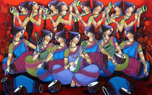 Vibrant Bengali Folk Music Art, Original Acrylic Canvas Painting by Sekhar Roy