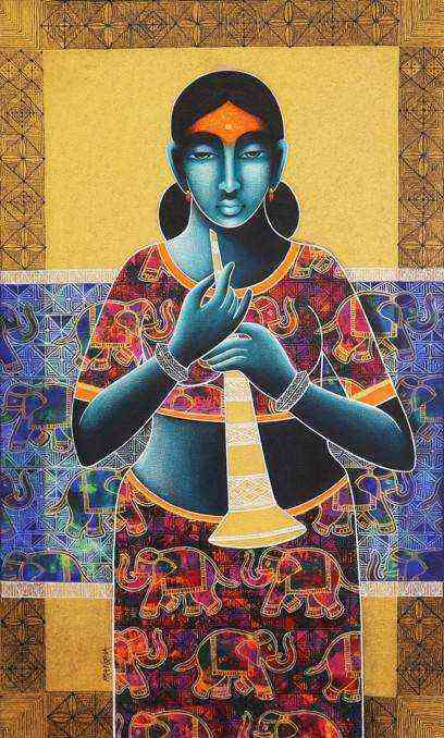 Pratiksha S Bothe's Expressive Celestial Beauty Sursundari Acrylic Canvas Painting, 61x101.6cm