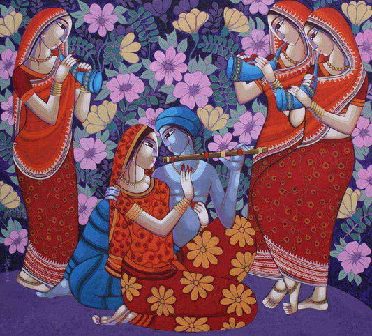 Divine Krishna Leela Acrylic Canvas Painting by Sekhar Roy - Indian Mythology Art