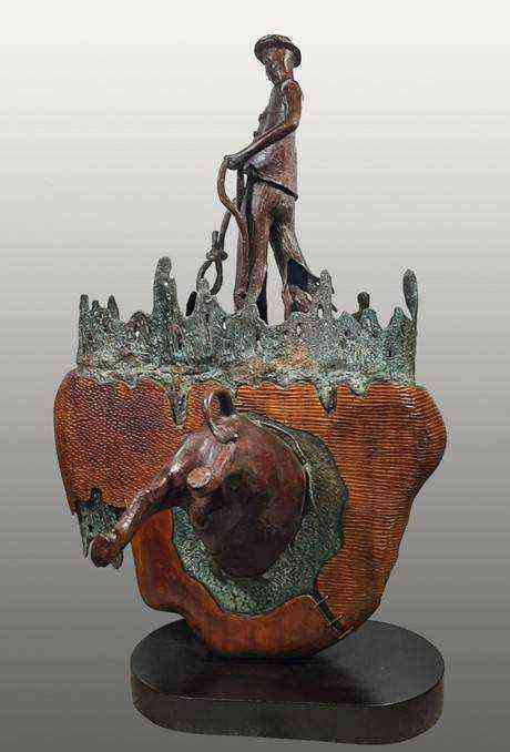 Subrata Paul's Dynamic Human Animal Power Wood Brass Contemporary Sculpture
