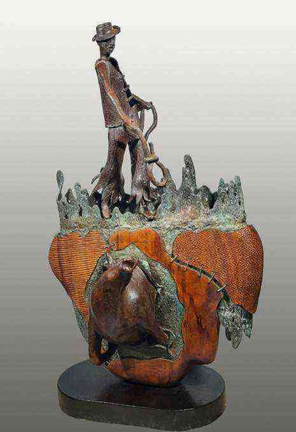 Subrata Paul's Dynamic Human Animal Power Wood Brass Contemporary Sculpture
