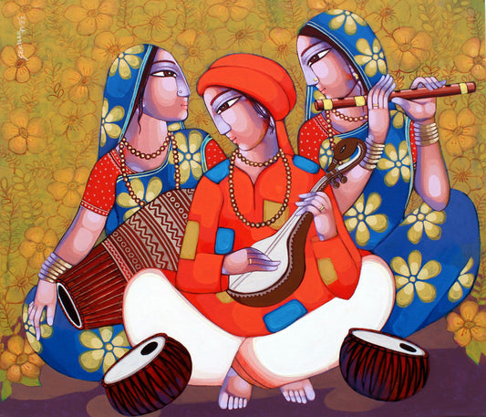 Traditional Bengali Folk Music Painting by Sekhar Roy, Acrylic on Canvas
