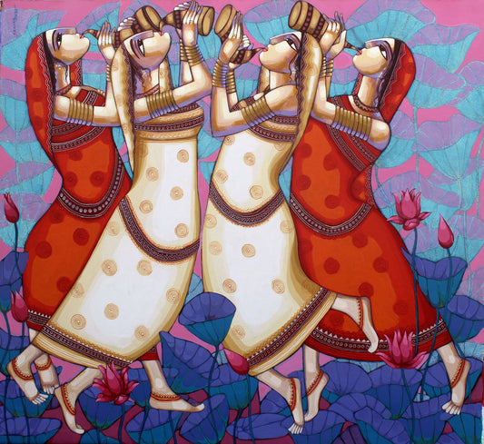 Vibrant Symphony: Indian Women Dancers in Lotus Garden, Original Acrylic Canvas Painting