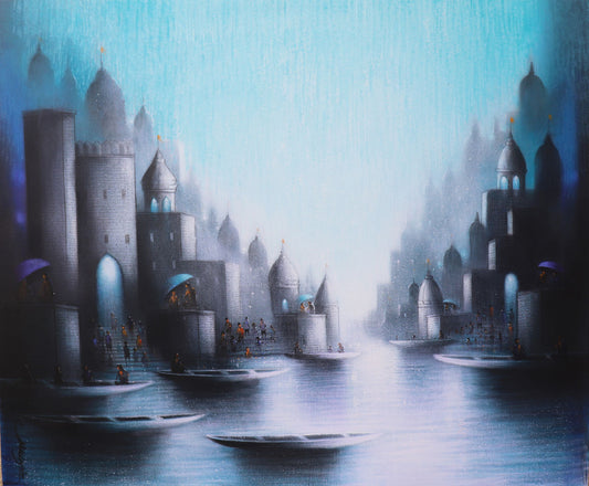 Sacred Banaras: Serene Ganges Temples & Ghats, Divine Purity Acrylic Painting