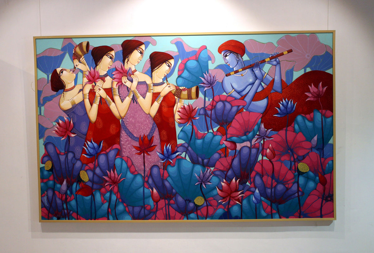 Vibrant Raag Basant Spring Celebration Art by Sekhar Roy: Krishna & Gopiyas Love Painting