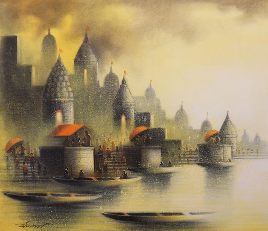 Vibrant Holi Banaras Canvas Painting: Somnath Bothe's Charcoal & Acrylic Artwork