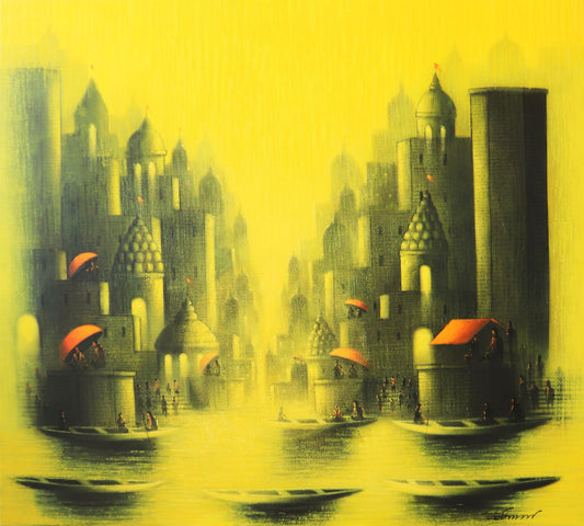 Somnath Bothe's Holi Banaras: Spiritual Sacred River Cityscape, Hand-painted Acrylic Charcoal Painting