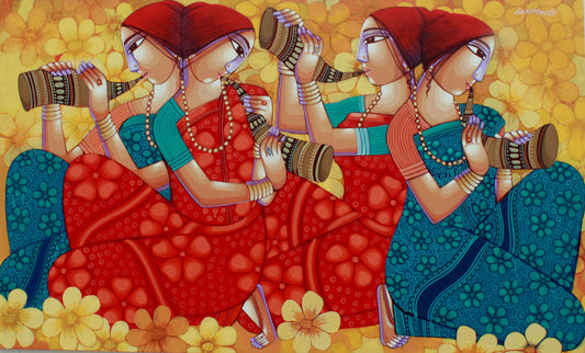 Divine 'Purbarag' Radha Krishna Gopiyan Melodic Art Painting - Vibrant Devotion