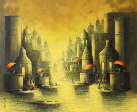 Somnath Bothe's Golden Banaras Mystical Cityscape Original Acrylic Canvas Painting
