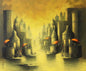 Somnath Bothe's Golden Banaras Mystical Cityscape Original Acrylic Canvas Painting