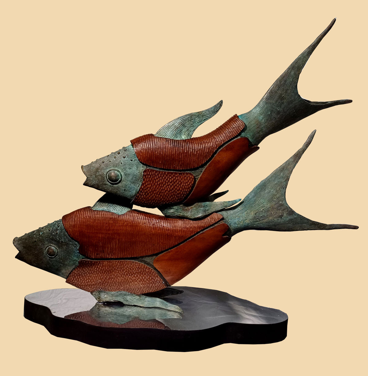 Subrata Paul's 'Partner' Bronze & Wood Fish Sculpture for Enduring Companionship