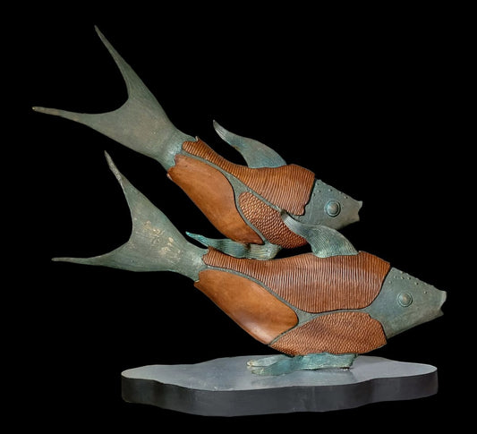 Subrata Paul's 'Partner' Bronze & Wood Fish Sculpture for Enduring Companionship