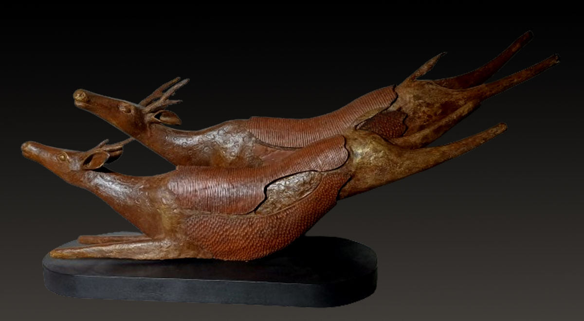 Elegant Bronze & Wood Deer Sculpture: Subrata Paul's 'Friendship' Art Piece