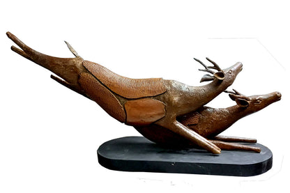 Elegant Bronze & Wood Deer Sculpture: Subrata Paul's 'Friendship' Art Piece