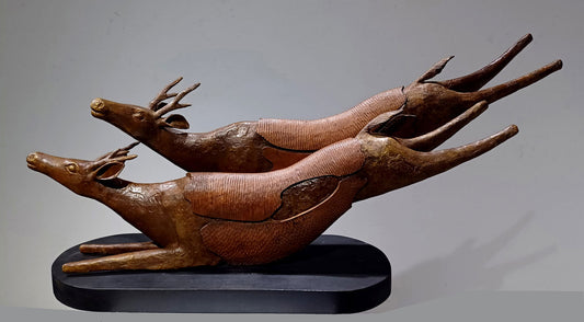 Elegant Bronze & Wood Deer Sculpture: Subrata Paul's 'Friendship' Art Piece