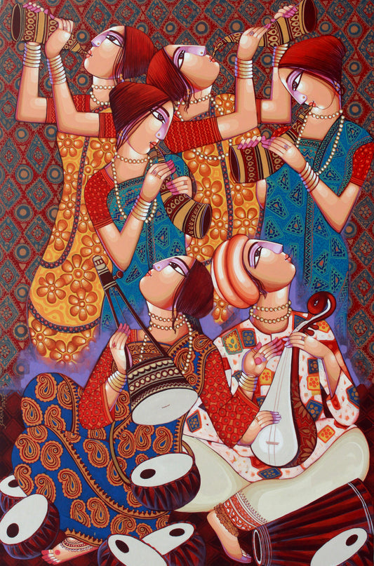 Sekhar Roy's 'Tune of Joy' Vibrant Abstract Canvas Painting for Modern Indian Homes