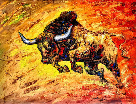 Ananda Das 'Bull of Aethel': Guardian of Prosperity, Vibrant Acrylic Canvas Painting