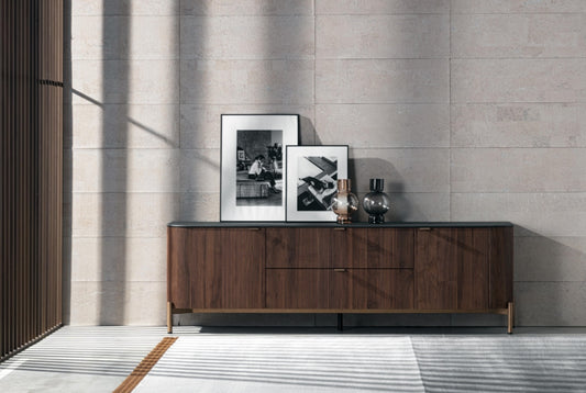 Fierce Modern Walnut Sideboard with Metal Base and Glass Shelves