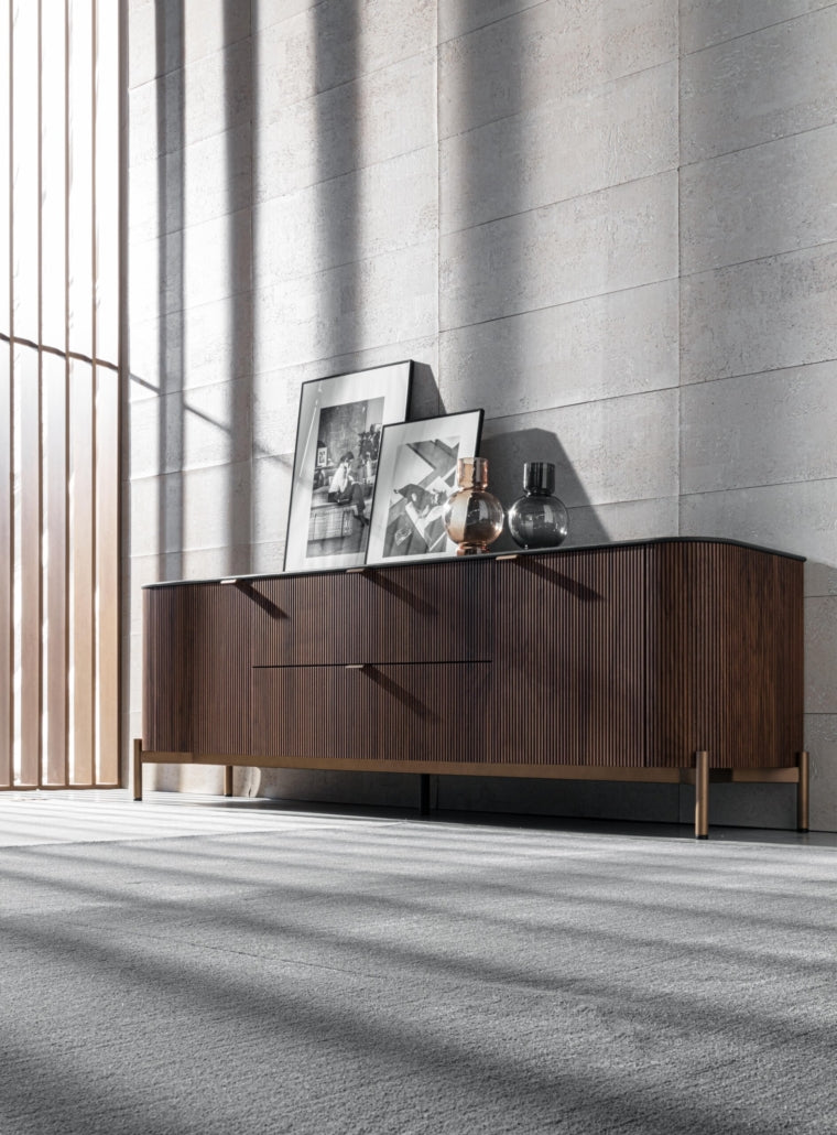 Fierce Modern Walnut Sideboard with Metal Base and Glass Shelves