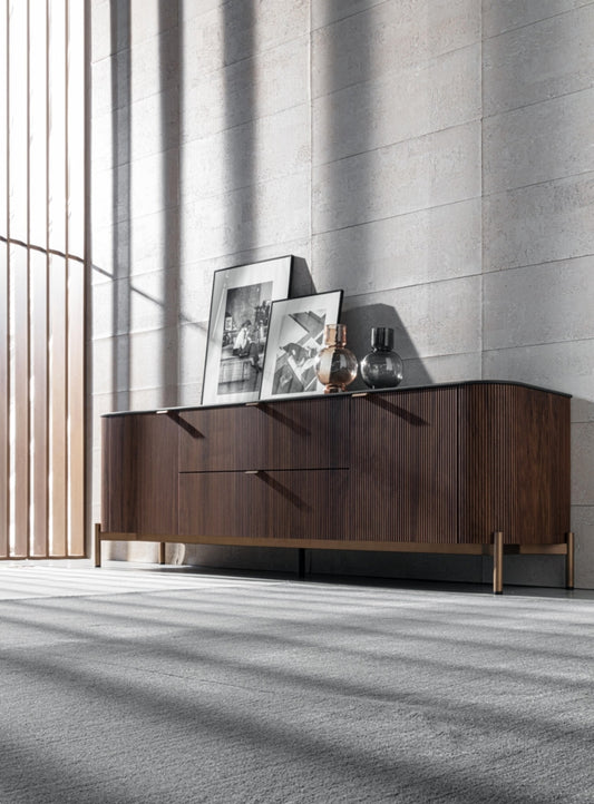 Fierce Modern Walnut Sideboard with Metal Base and Glass Shelves
