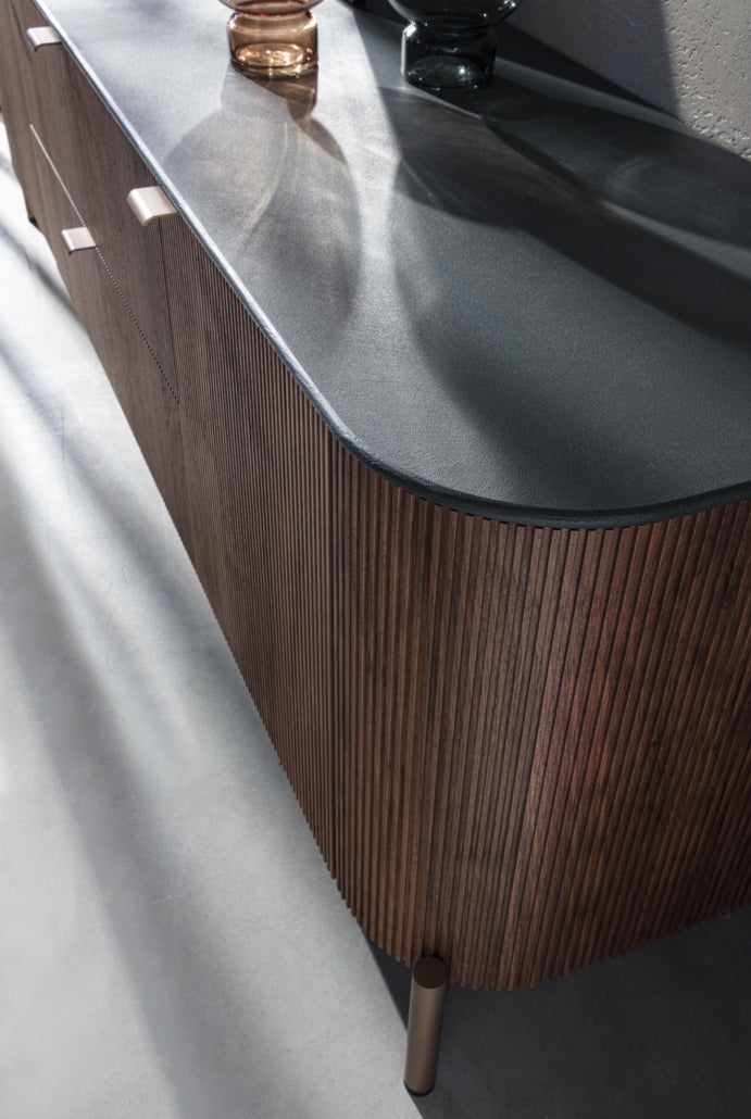 Fierce Modern Walnut Sideboard with Metal Base and Glass Shelves