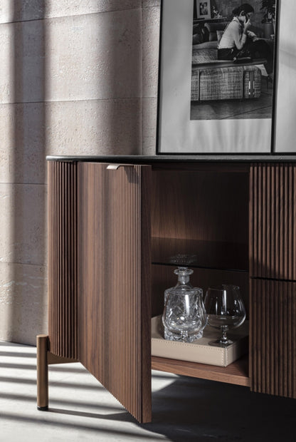Fierce Modern Walnut Sideboard with Metal Base and Glass Shelves