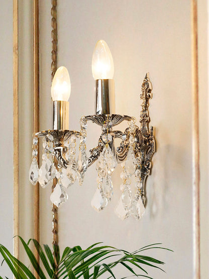 Silver Antique Crystal Brass 2-Light Wall Sconce – 33 cm