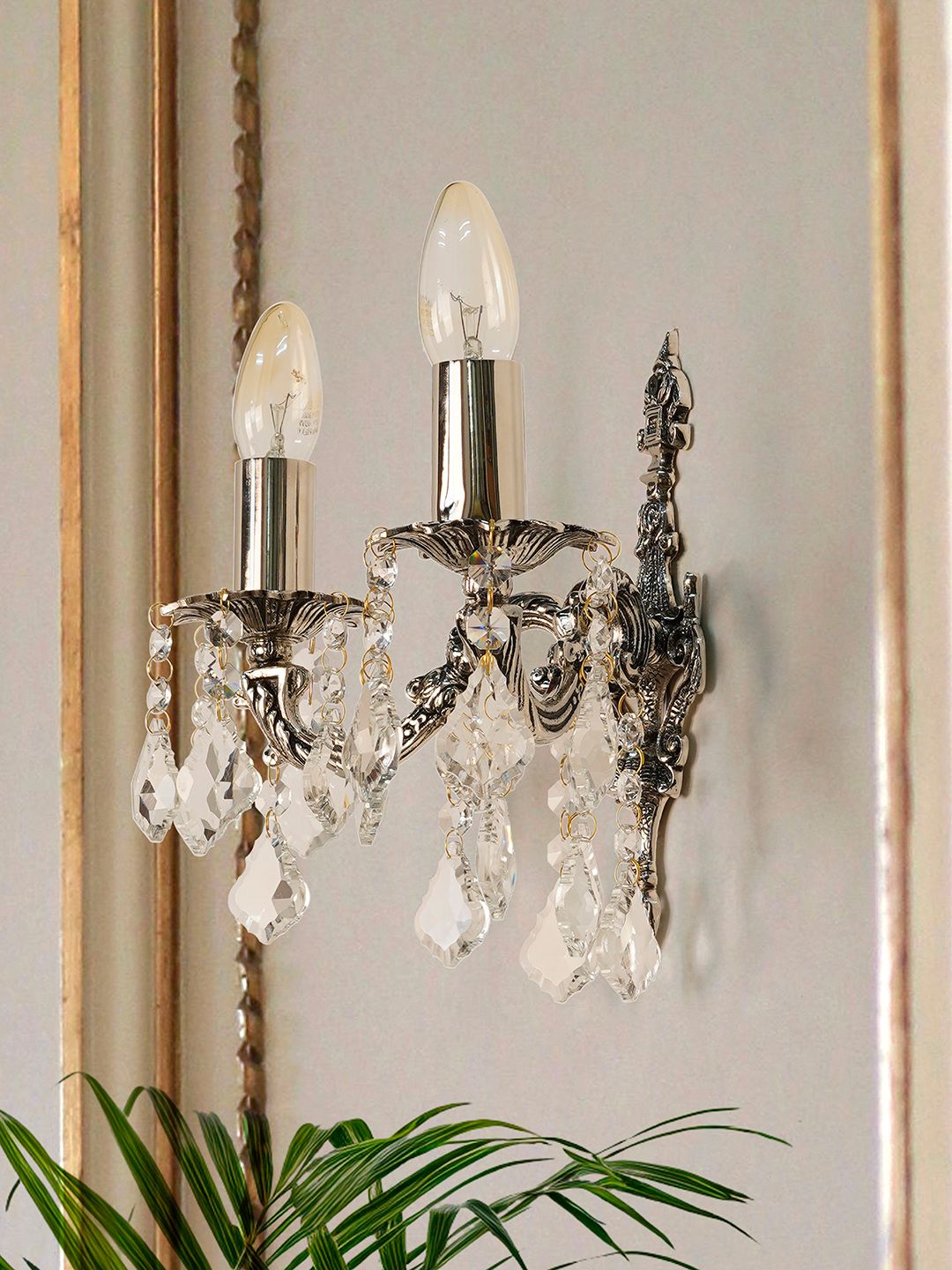 Silver Antique Crystal Brass 2-Light Wall Sconce – 33 cm
