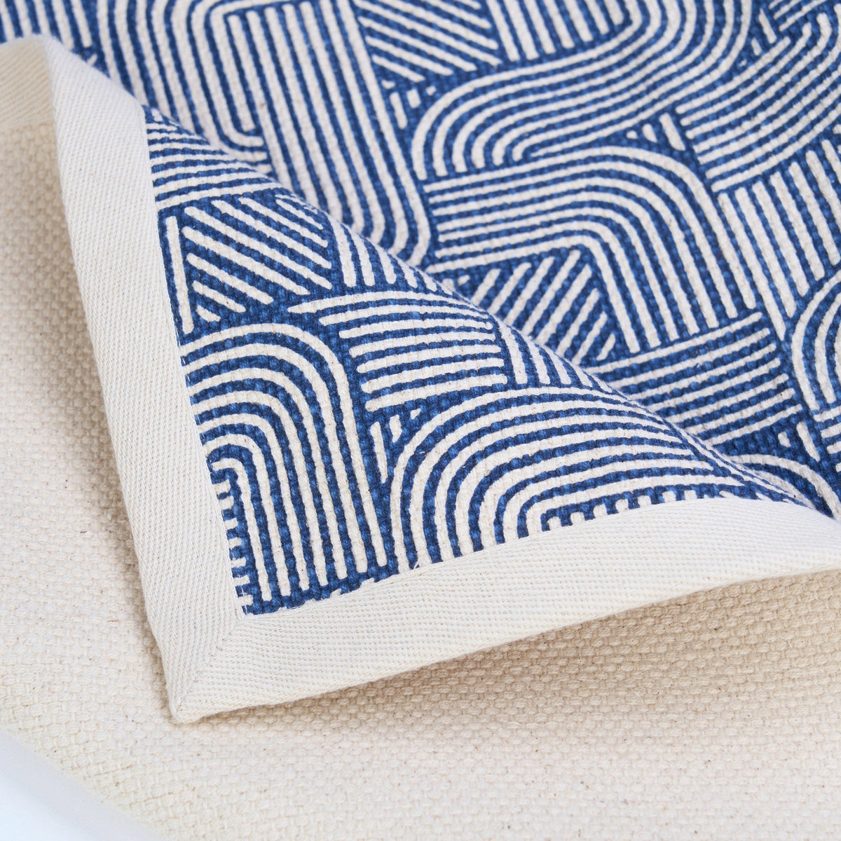 Modern Retro Blue Cotton Rug | Stripes & Curve Print | Mid-Century Modern