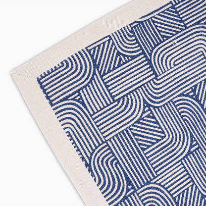 Modern Retro Blue Cotton Rug | Stripes & Curve Print | Mid-Century Modern