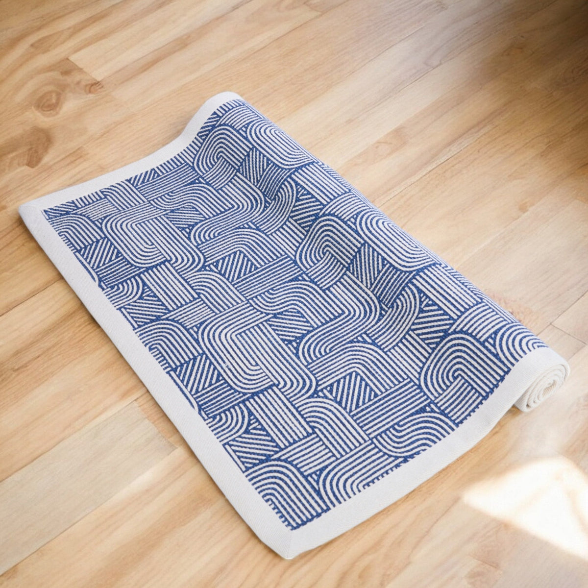 Modern Retro Blue Cotton Rug | Stripes & Curve Print | Mid-Century Modern