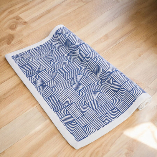 Modern Retro Blue Cotton Rug | Stripes & Curve Print | Mid-Century Modern