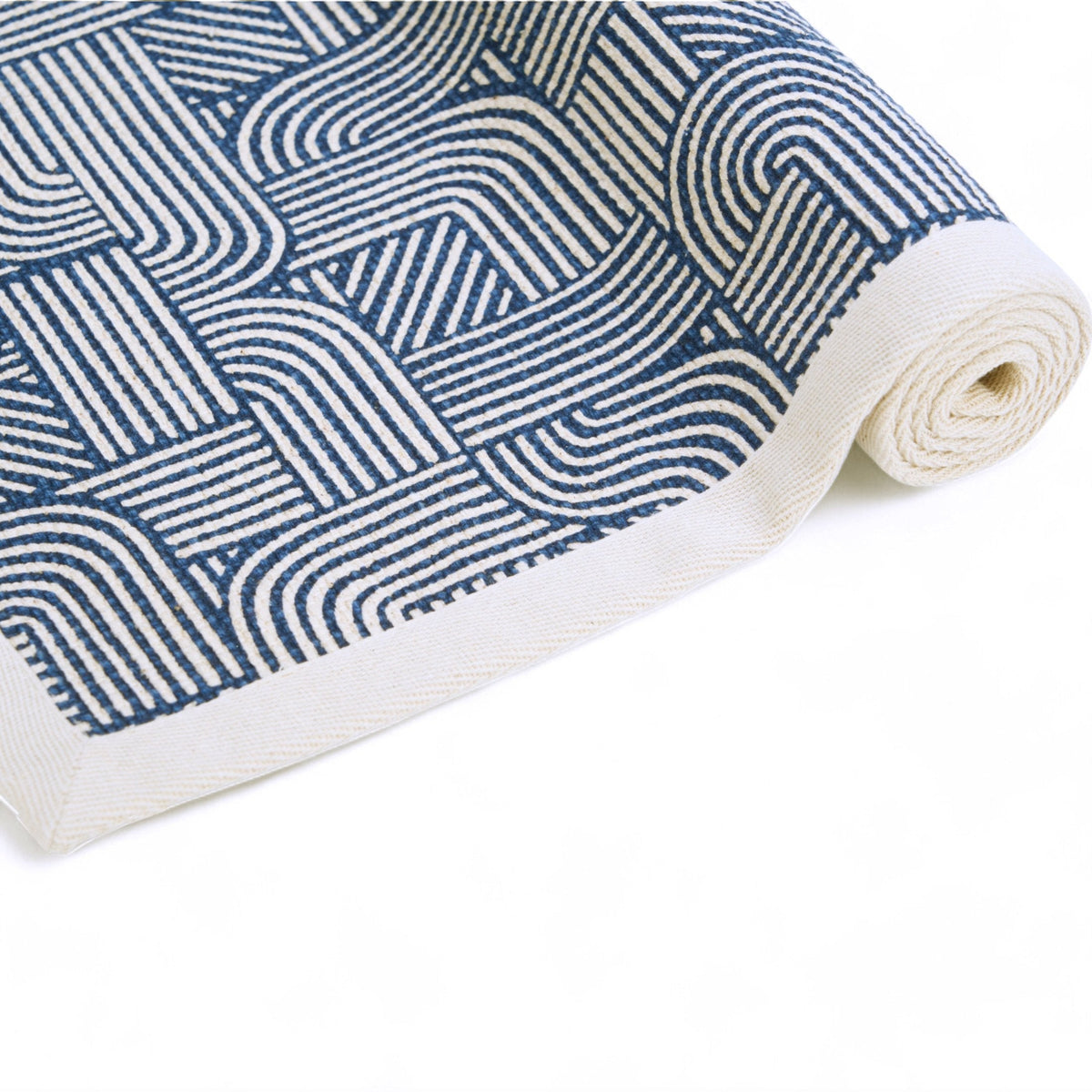 Modern Retro Blue Cotton Rug | Stripes & Curve Print | Mid-Century Modern