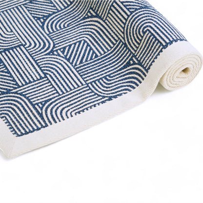 Modern Retro Blue Cotton Rug | Stripes & Curve Print | Mid-Century Modern