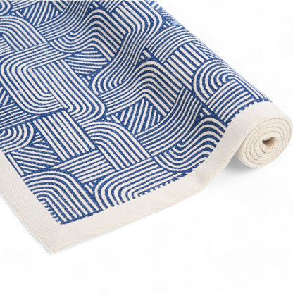 Modern Retro Blue Cotton Rug | Stripes & Curve Print | Mid-Century Modern
