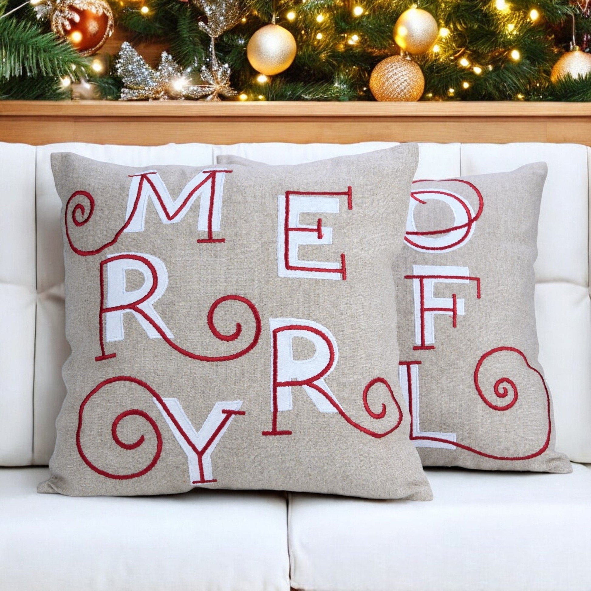 MERRY Christmas Embroidered Linen Pillow Cover – Red White Festive