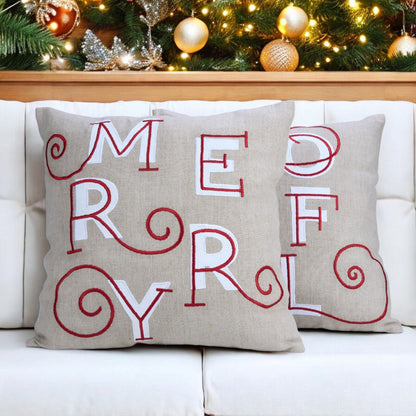 MERRY Christmas Embroidered Linen Pillow Cover – Red White Festive