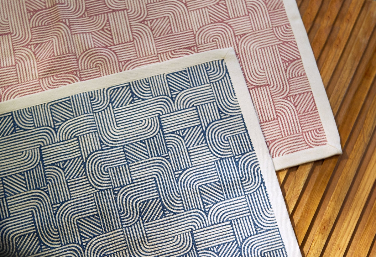 Modern Retro Blue Cotton Rug | Stripes & Curve Print | Mid-Century Modern