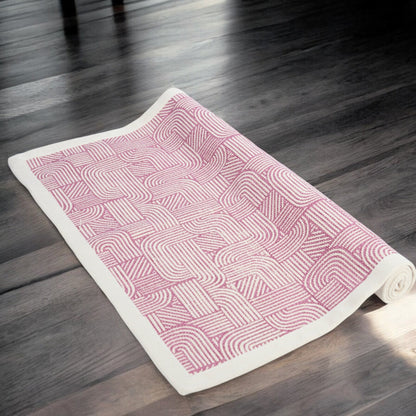 Modern Retro Blush Cotton Rug | Stripes & Curve Print | Mid-Century Modern
