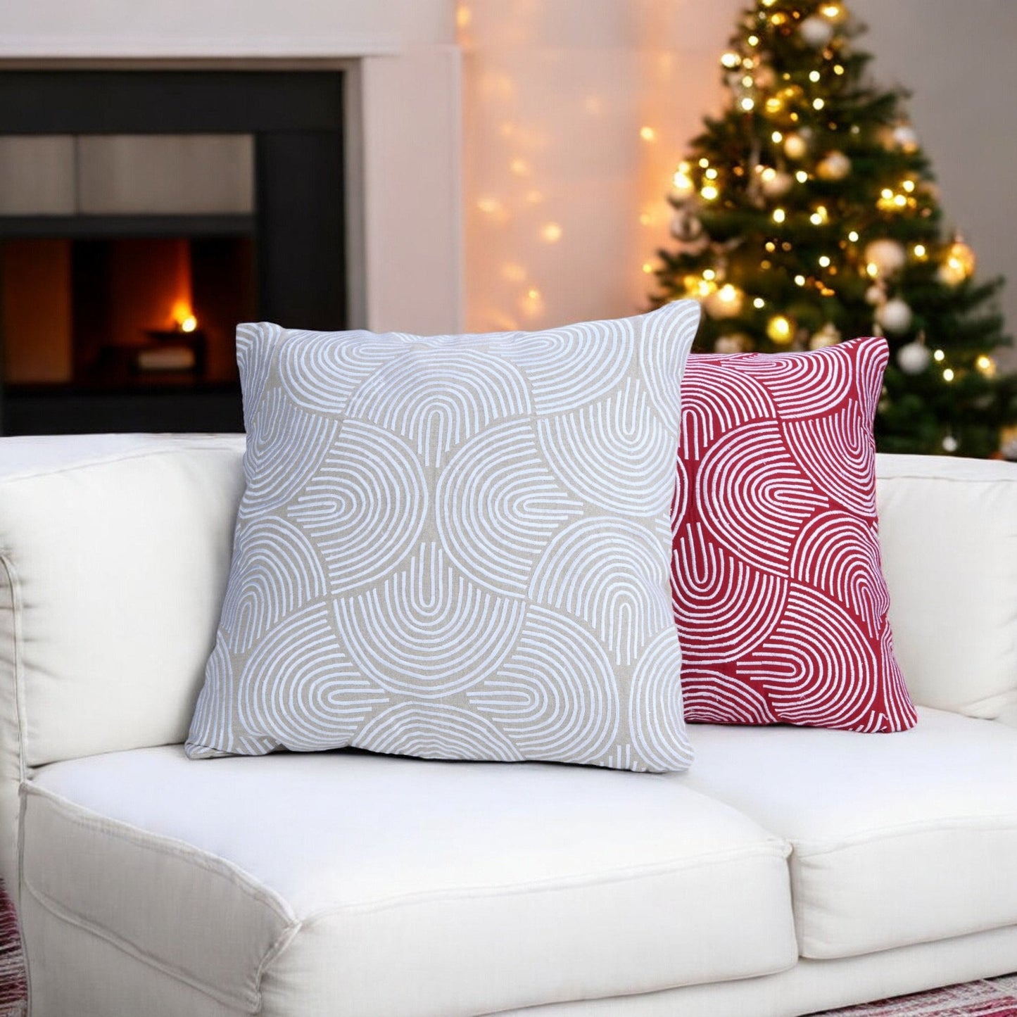 Beige Linen Christmas Pillow Cover with White Embroidered Retro Pattern