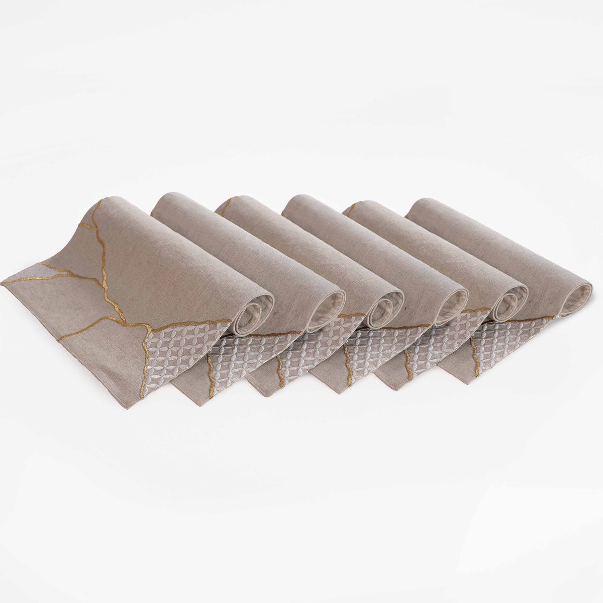 KINTSUGI Pure Linen Table Mats – with Gold & White Embroidery
