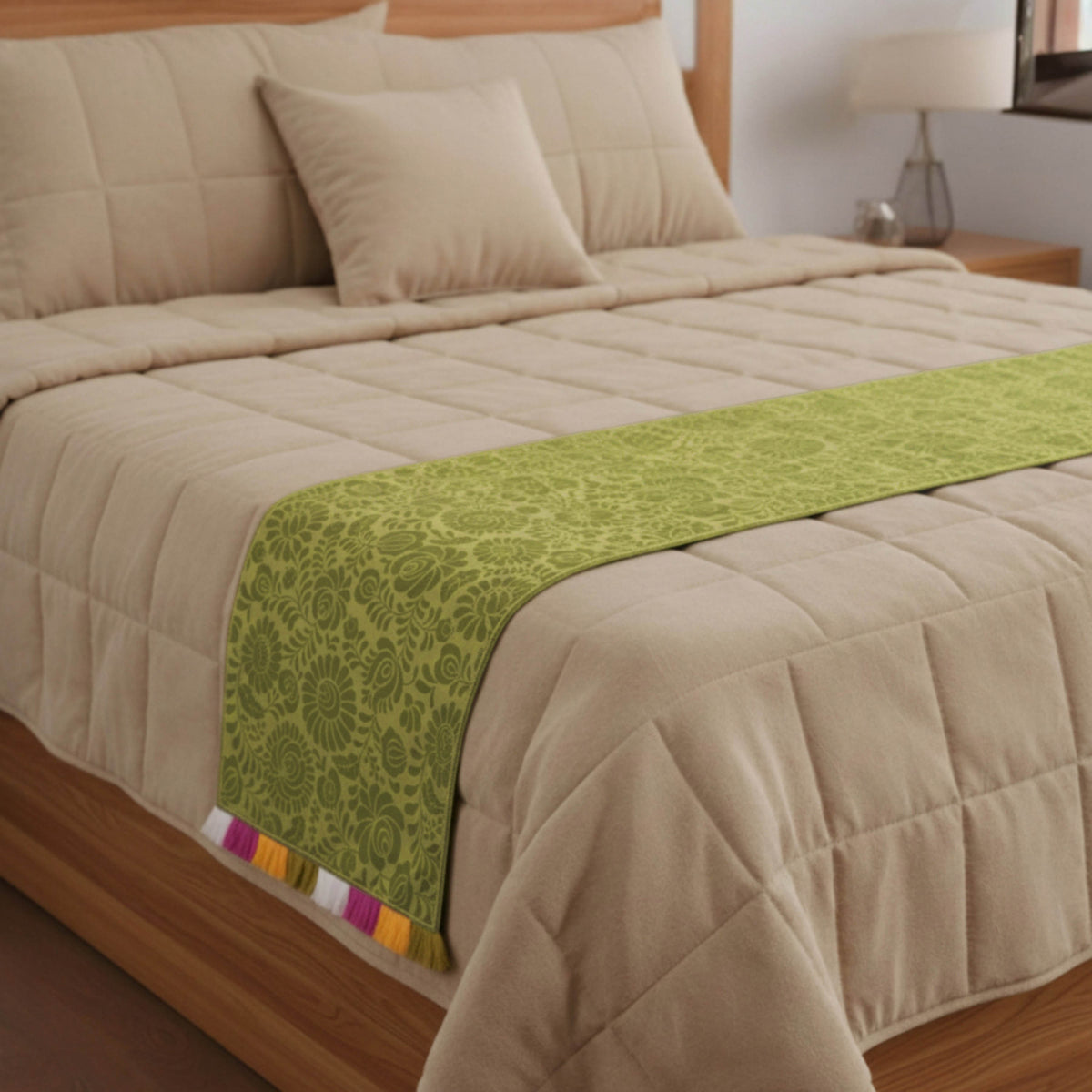 MATYO - Green Colour Bed Runner Set in Printed Cotton with Fringe - King / Queen / Twin Size
