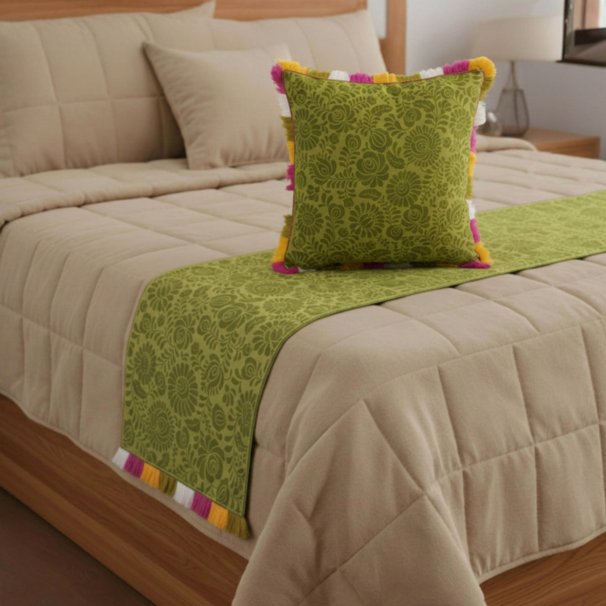 MATYO - Green Colour Bed Runner Set in Printed Cotton with Fringe - King / Queen / Twin Size