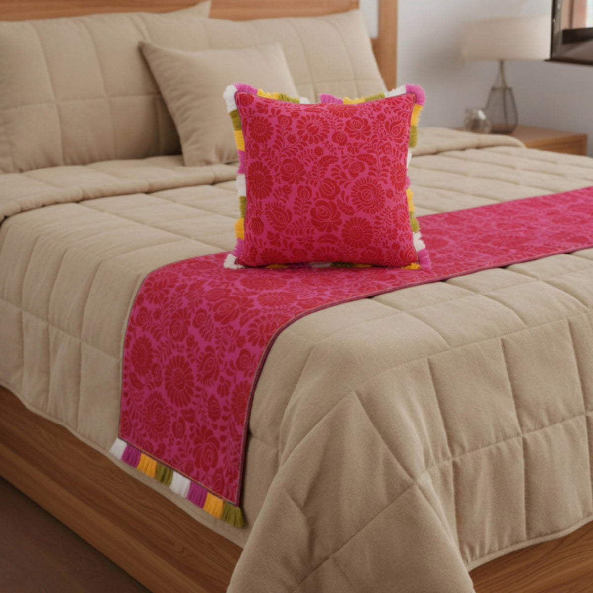 MATYO - Hot Pink Colour Bed Runner Set in Printed Cotton with Fringe - King / Queen / Twin Size