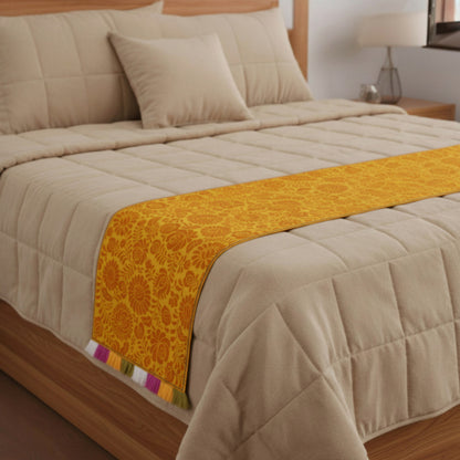 MATYO - Yellow Colour Bed Runner Set in Printed Cotton with Fringe - King / Queen / Twin Size