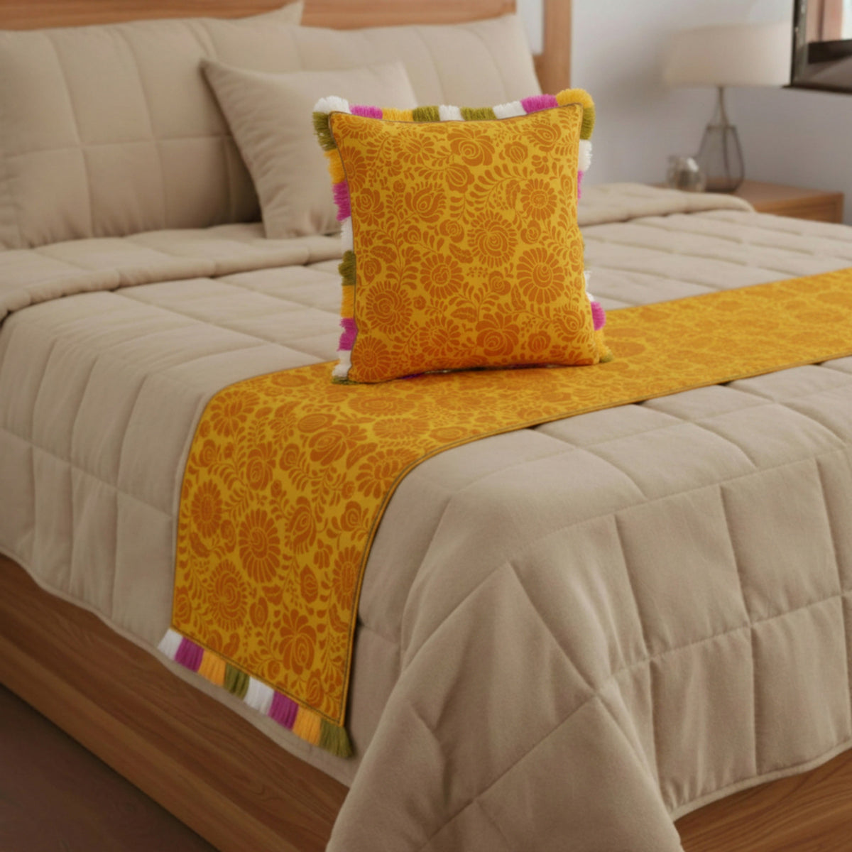 MATYO - Yellow Colour Bed Runner Set in Printed Cotton with Fringe - King / Queen / Twin Size